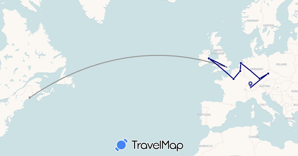 TravelMap itinerary: driving, plane in Belgium, Switzerland, Czech Republic, Germany, France, United Kingdom, Ireland, Netherlands, United States (Europe, North America)